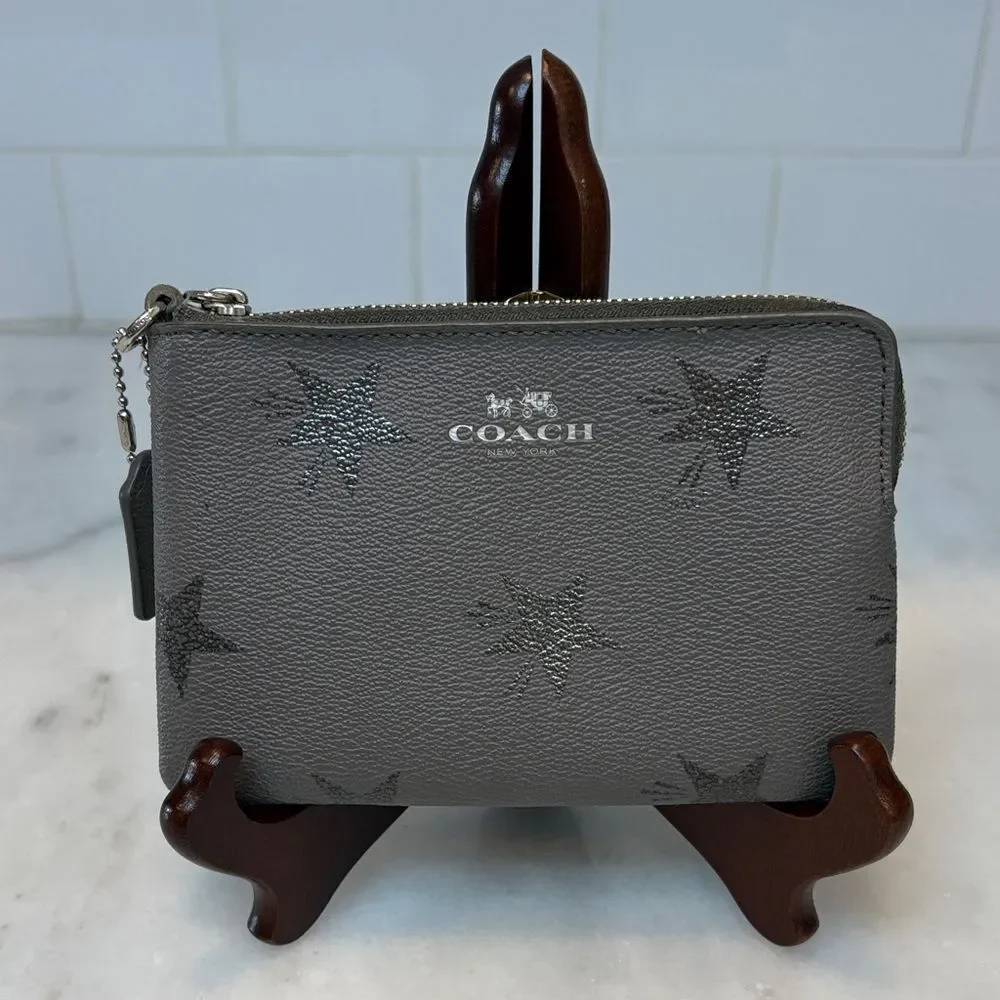 Coach Saffiano Leather Metallic Silver Star-Pattern Wristlet